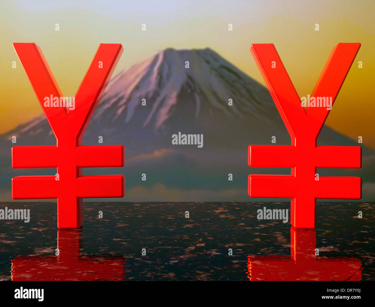 Yen simboli di valuta verniciato con vernice rossa sul granito Foto Stock