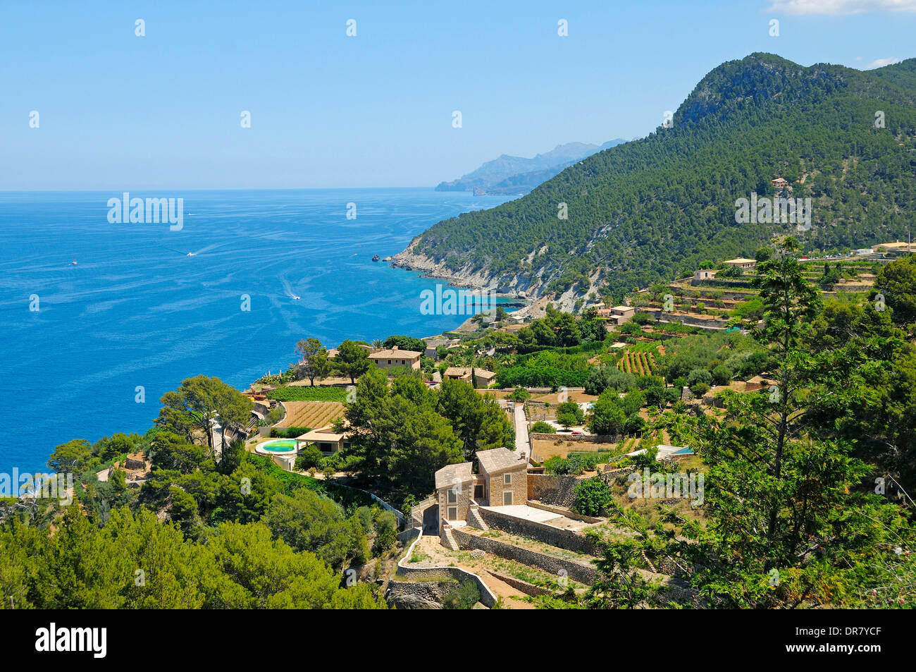 Case e terrazze nel villaggio di Banyalbufar, Sierra de Tramuntana, Maiorca, isole Baleari, Mediterraneo, Spagna Foto Stock