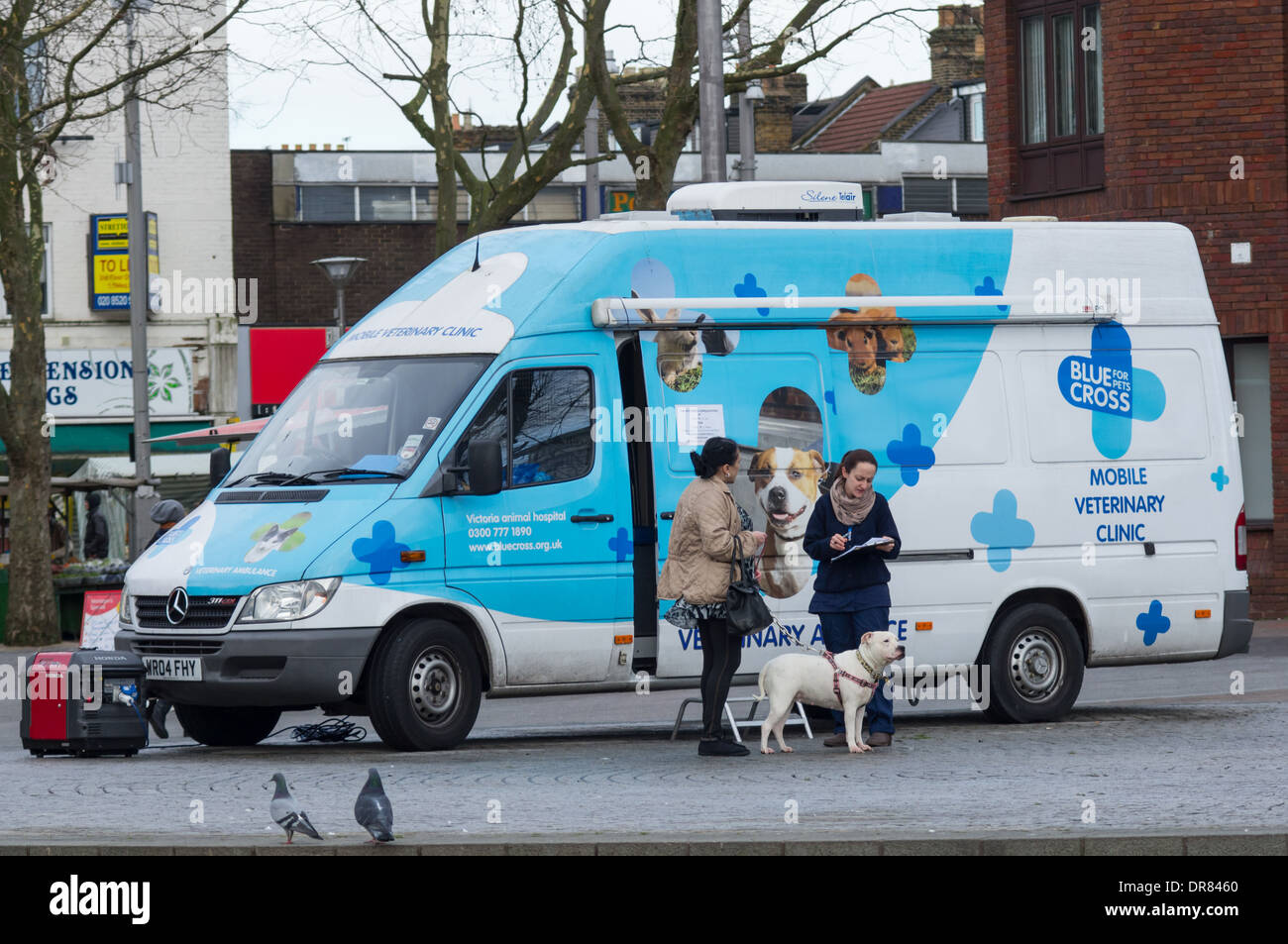 Veterinario e proprietario del cane nella parte anteriore del mobile clinica veterinaria, Londra England Regno Unito Regno Unito Foto Stock