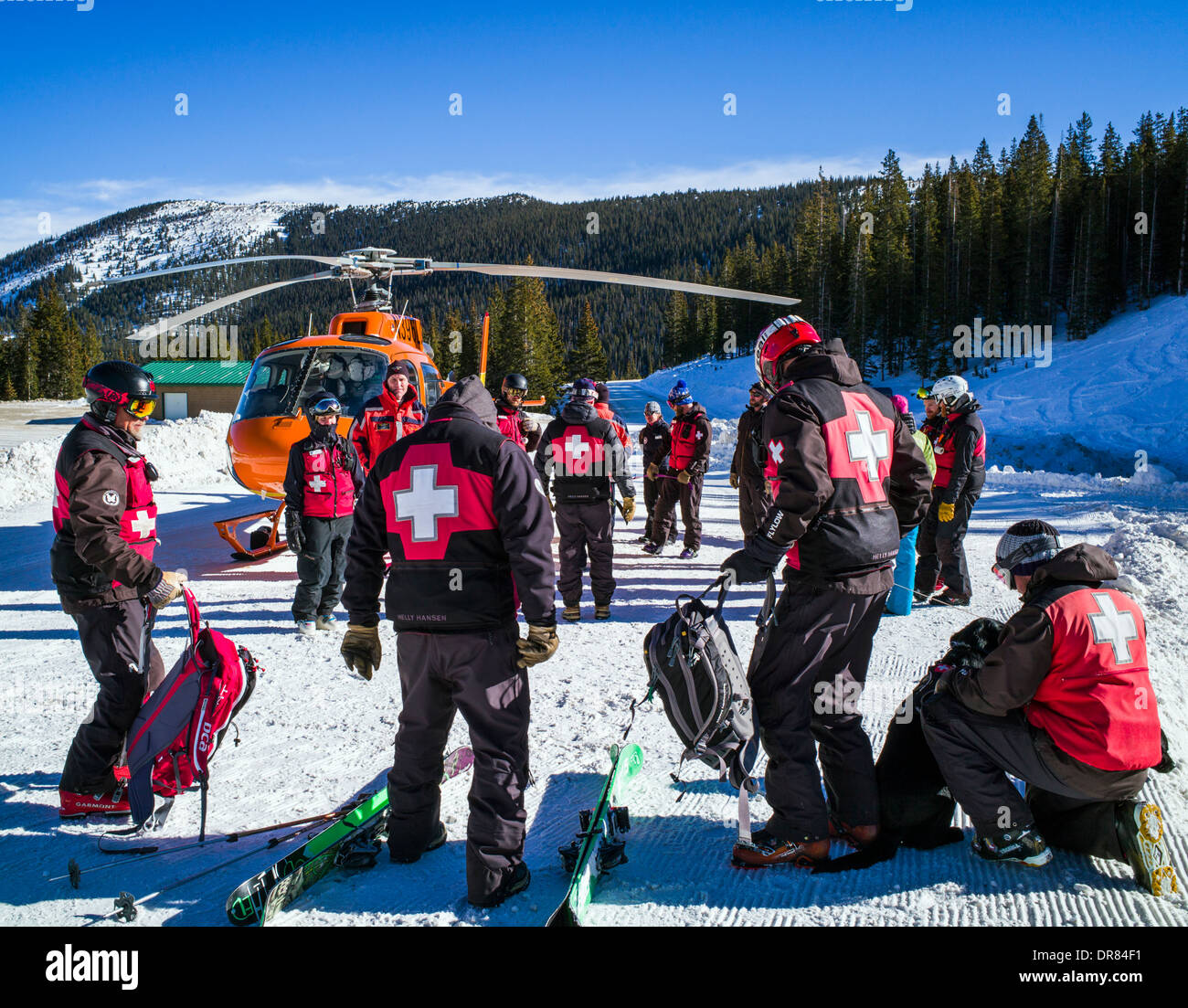 'Volo per la vita' elicottero & medical equipaggio; classe di allenamento con Monarch Nazionale della Montagna di pattuglia di sci & valanga cani di salvataggio Foto Stock