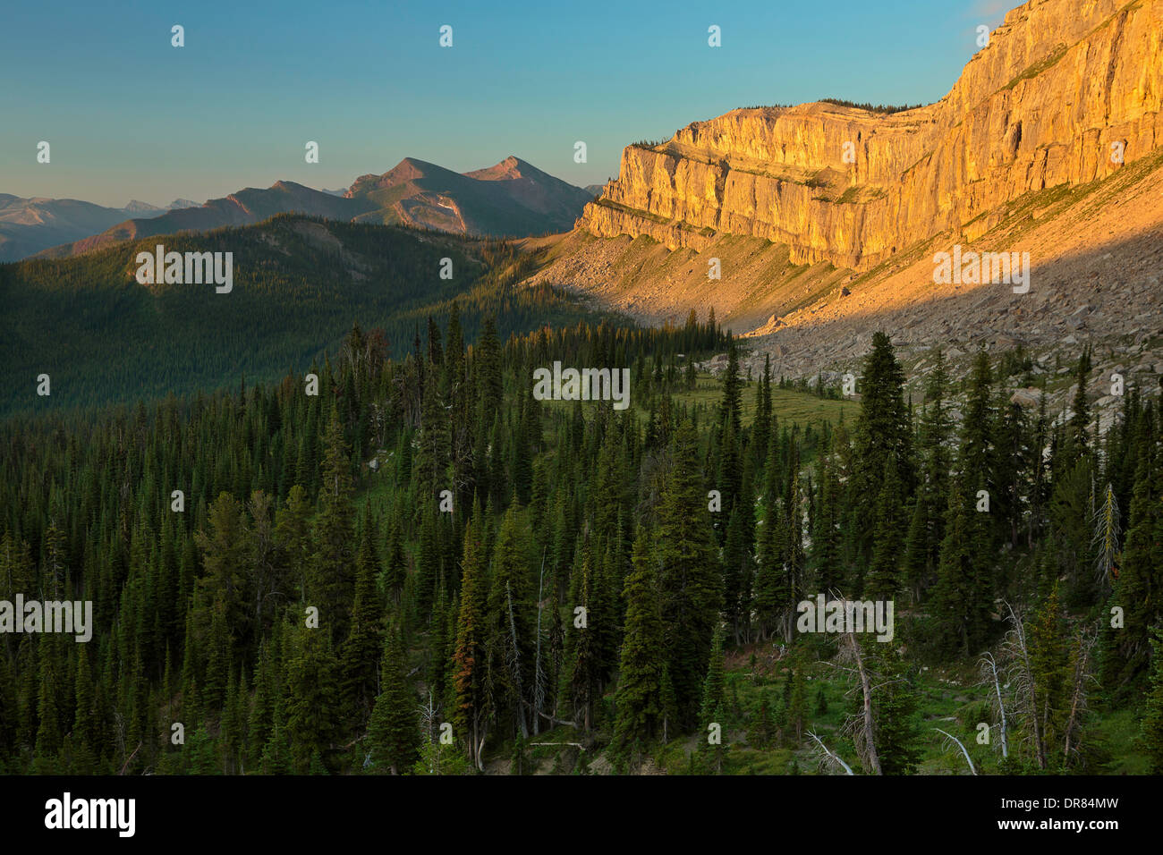 Cliff Mountain e Cliff Pass che è parte della Muraglia Cinese a sunrise nel Bob Marshall Wilderness nel Montana. Stati Uniti d'America. Foto Stock