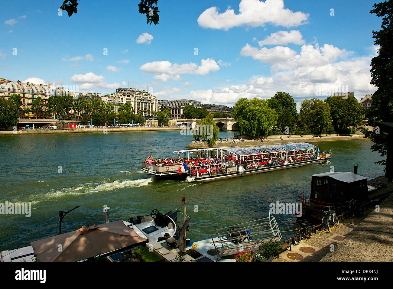 La barca turistica sul fiume Senna, Parigi, Francia Foto Stock