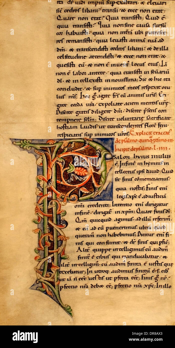 Frammento di foglio dal commento ai Salmi di Saint Augustain 1150-1160 Chartres Francia - Francese Foto Stock