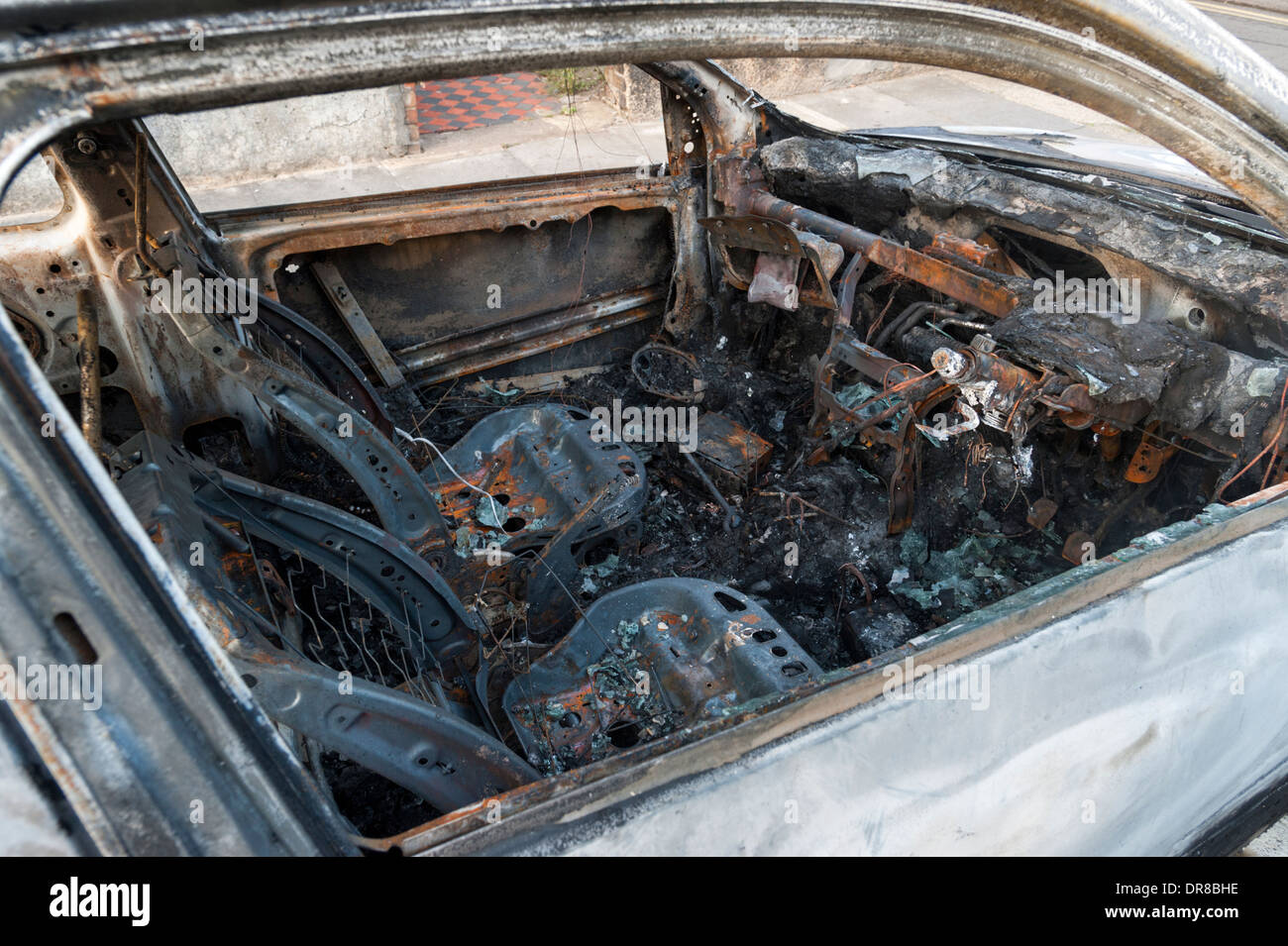 Interno di un bruciato auto, London, England, Regno Unito Foto Stock