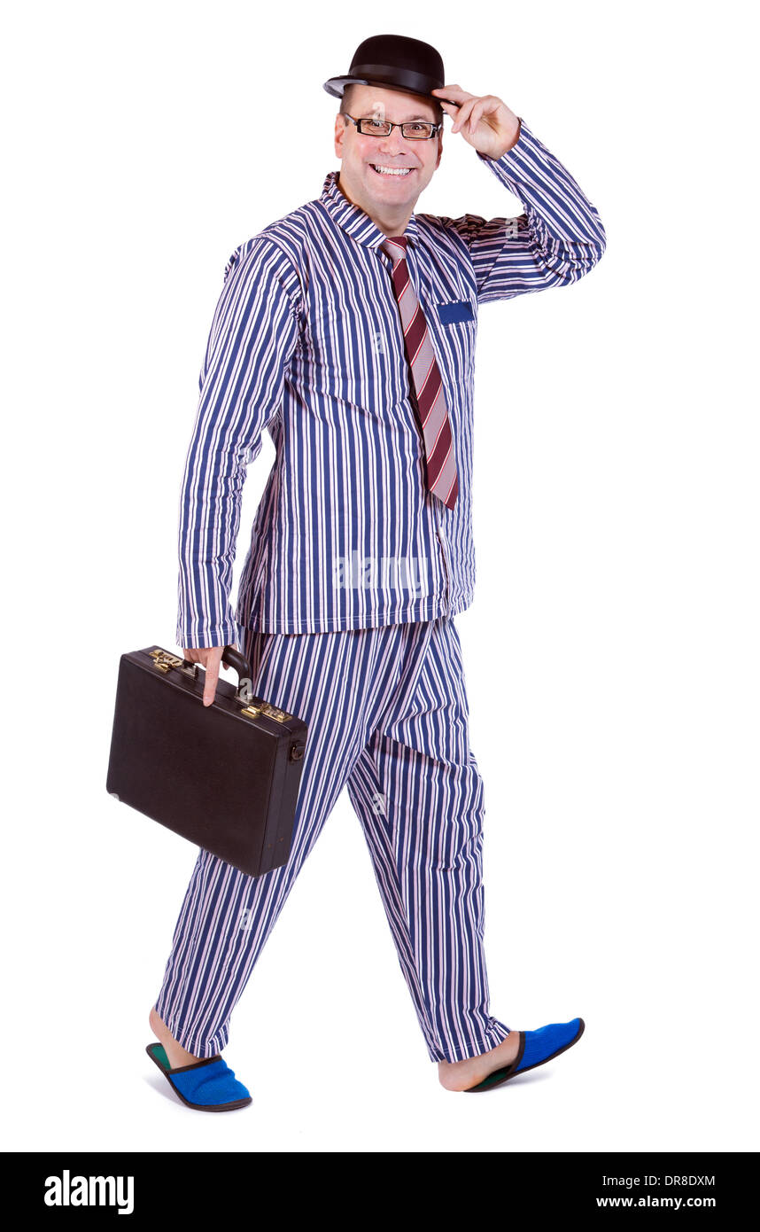 Uomo in pigiama con la valigia Foto Stock
