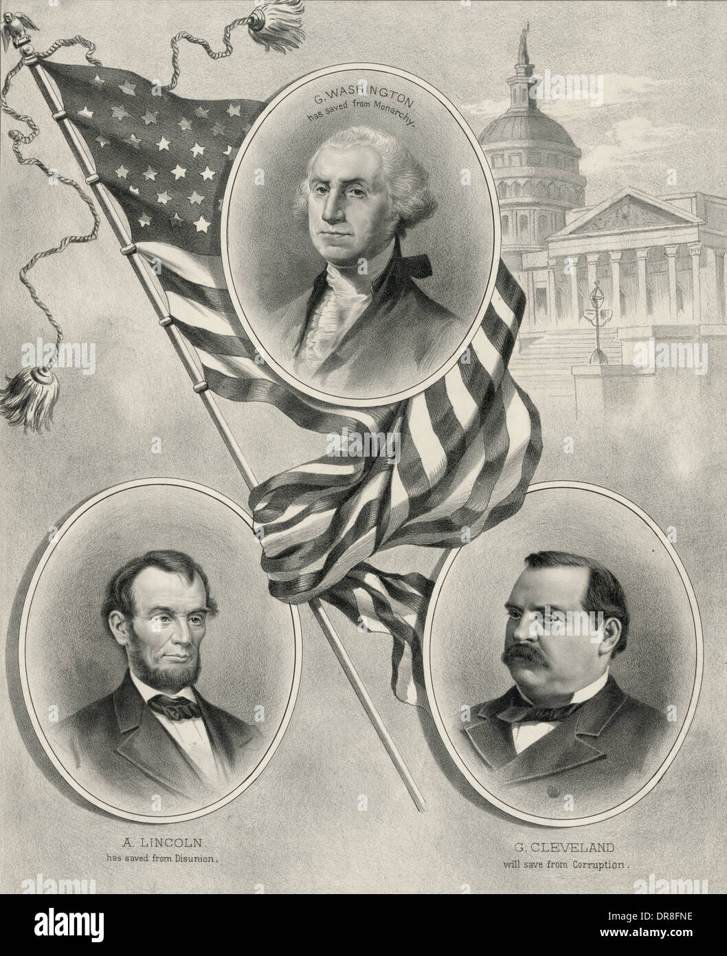 Salvatori del nostro paese - George Washington, Abraham Lincoln e Grover Cleveland, CON GLI STATI UNITI Capitol in background 1884 Foto Stock