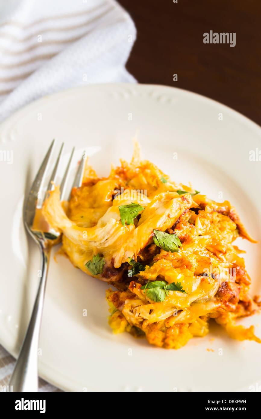 Delizioso formaggio, speziato cornbread condito con salsa enchilada, pollo triturati, formaggio e coriandolo Foto Stock