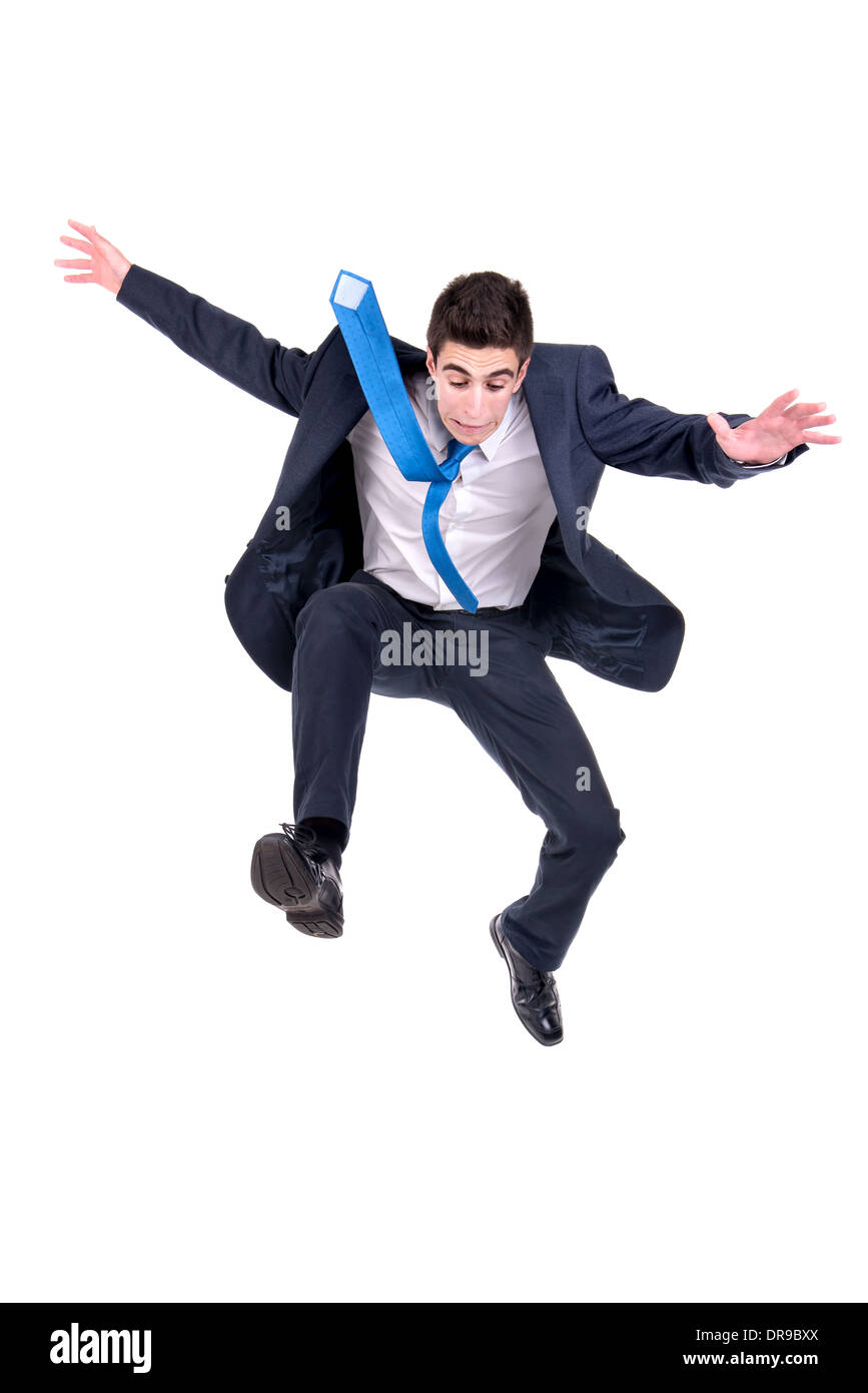 Businessman jumping alto isolato in bianco Foto Stock