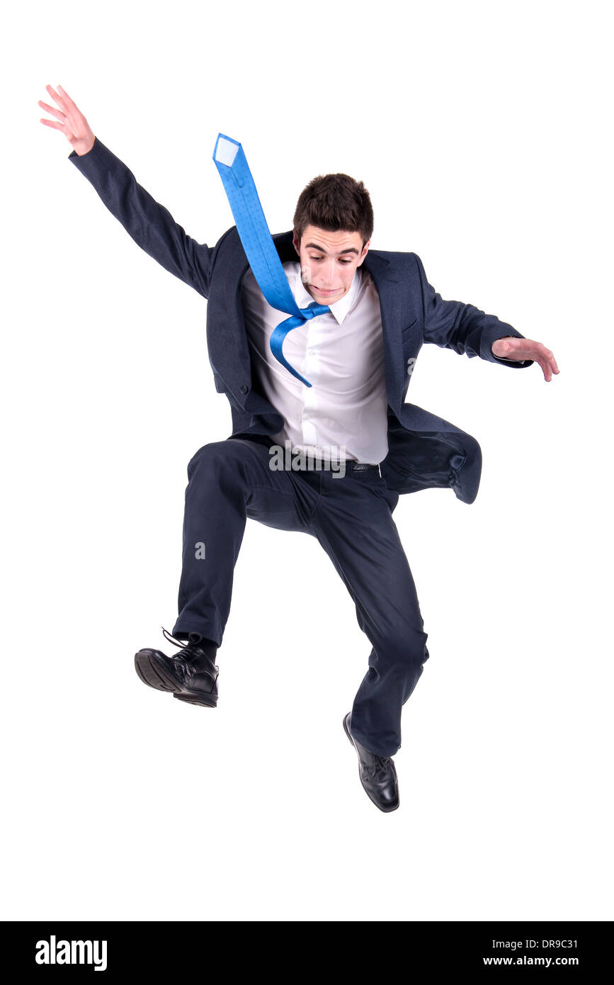 Businessman jumping alto isolato in bianco Foto Stock