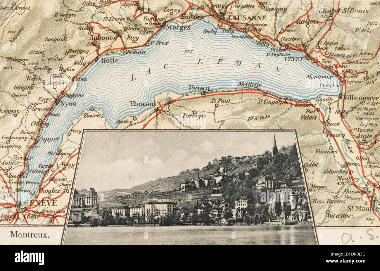 Mappa cartolina del Lago di Ginevra Foto Stock