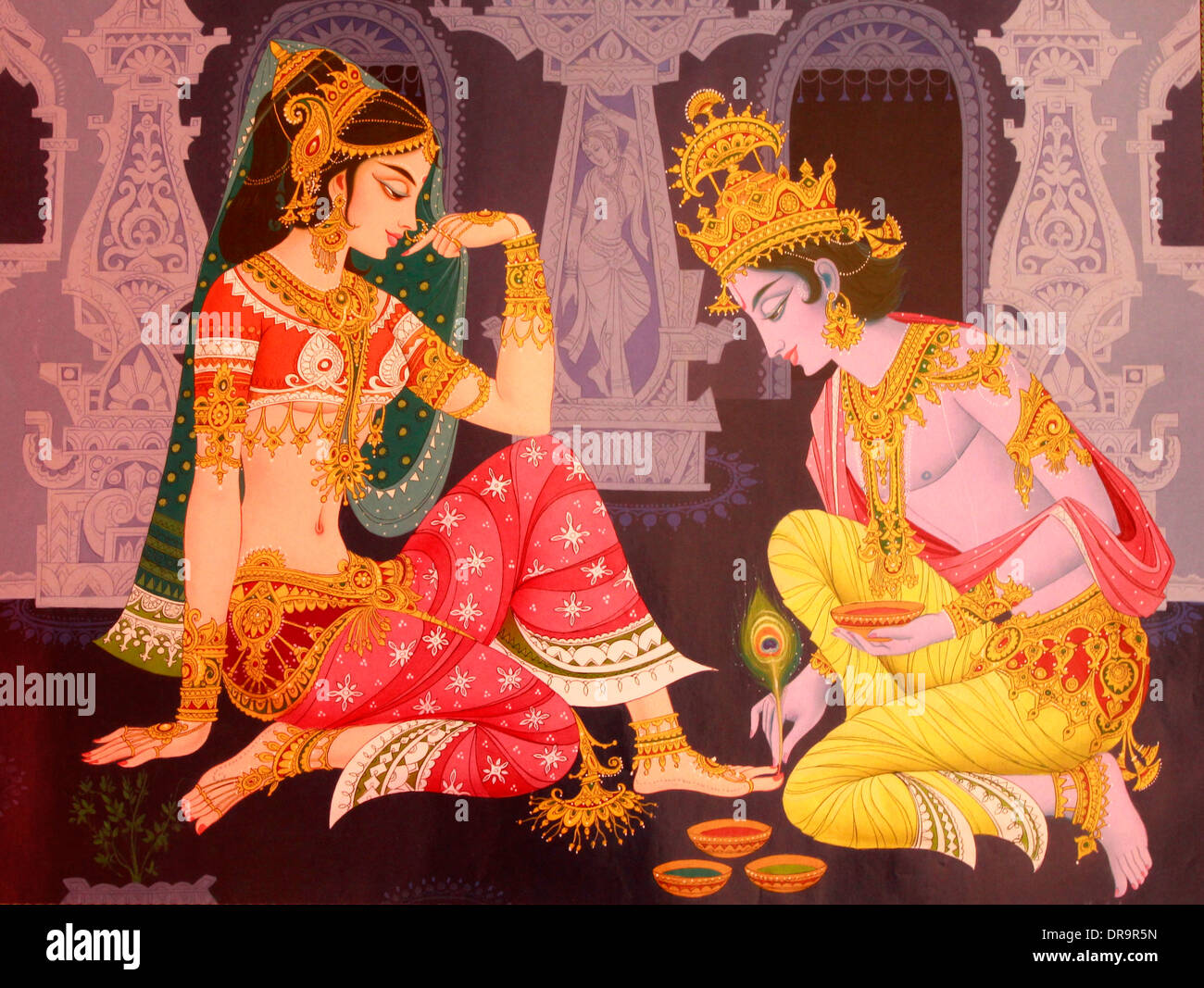 Indian pittura murale di dio indiano Krishna e radha in una scena romantica Foto Stock