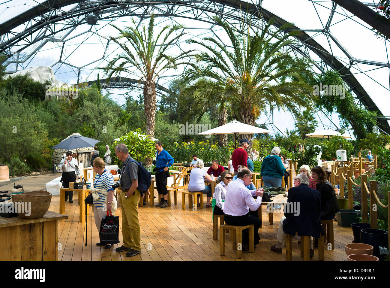 I turisti nel moderato Biome a Eden Project Cornwall Regno Unito Foto Stock