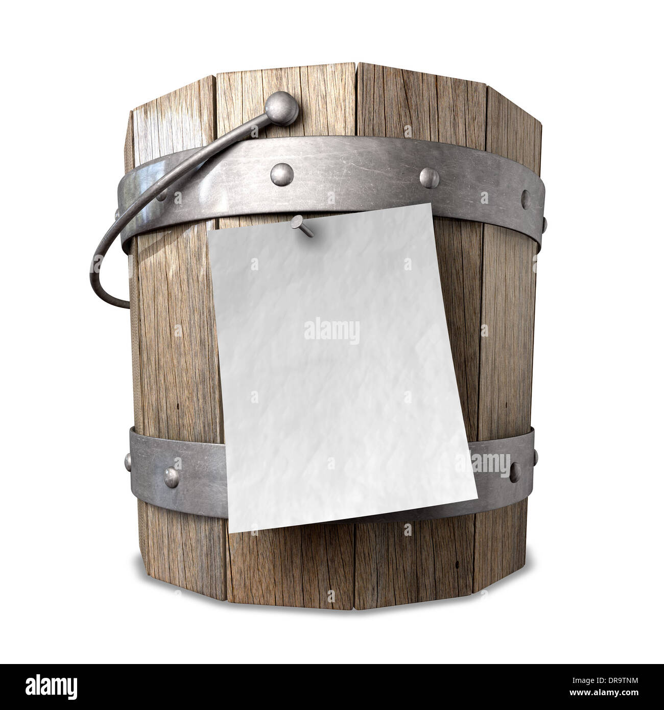 Un vintage in legno elenco della benna con anello metallico supporta e di una maniglia e di una carta bianca attaccata Foto Stock