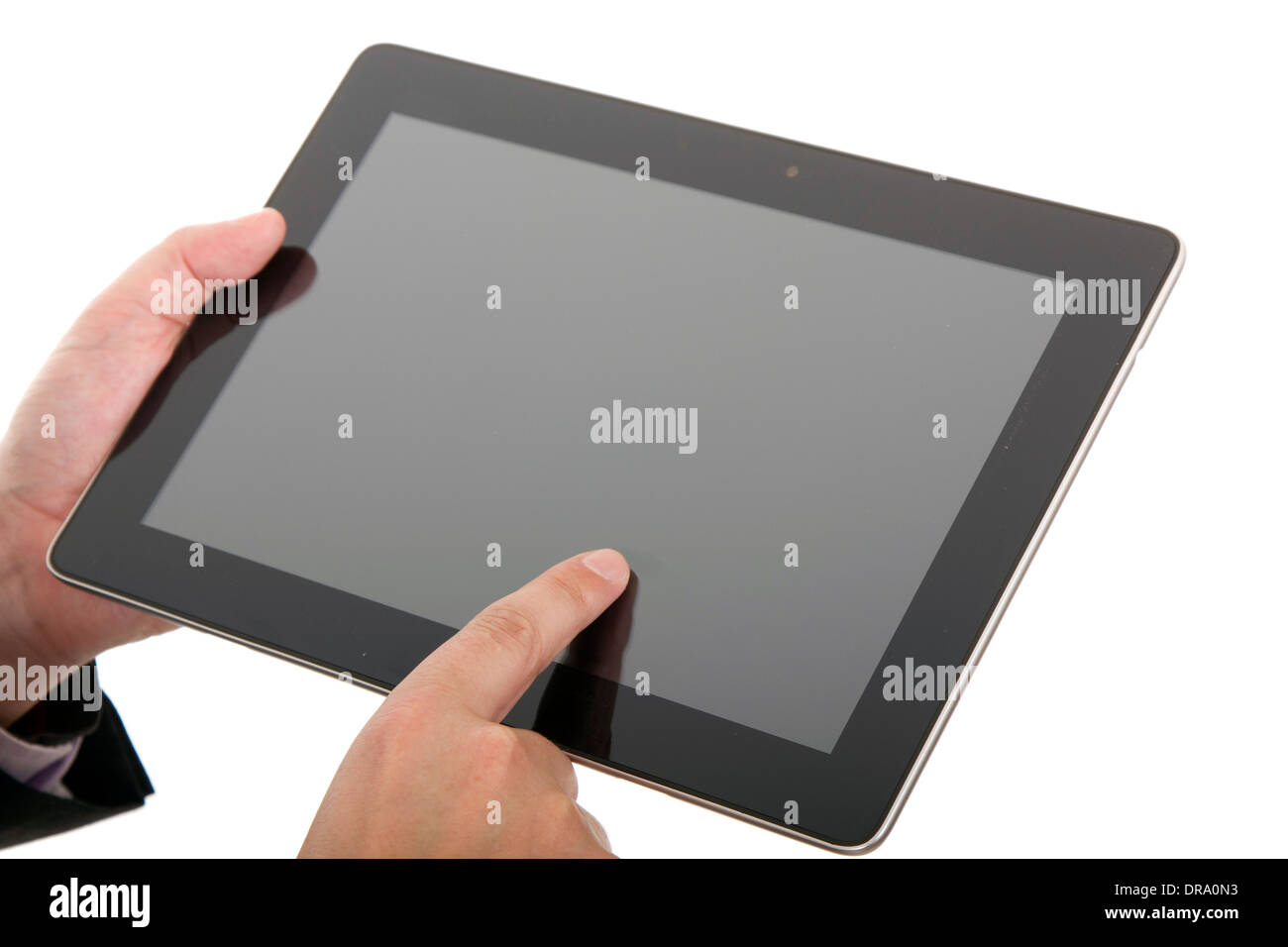 Imprenditore usando il touch pad, close up shot, isolato Foto Stock