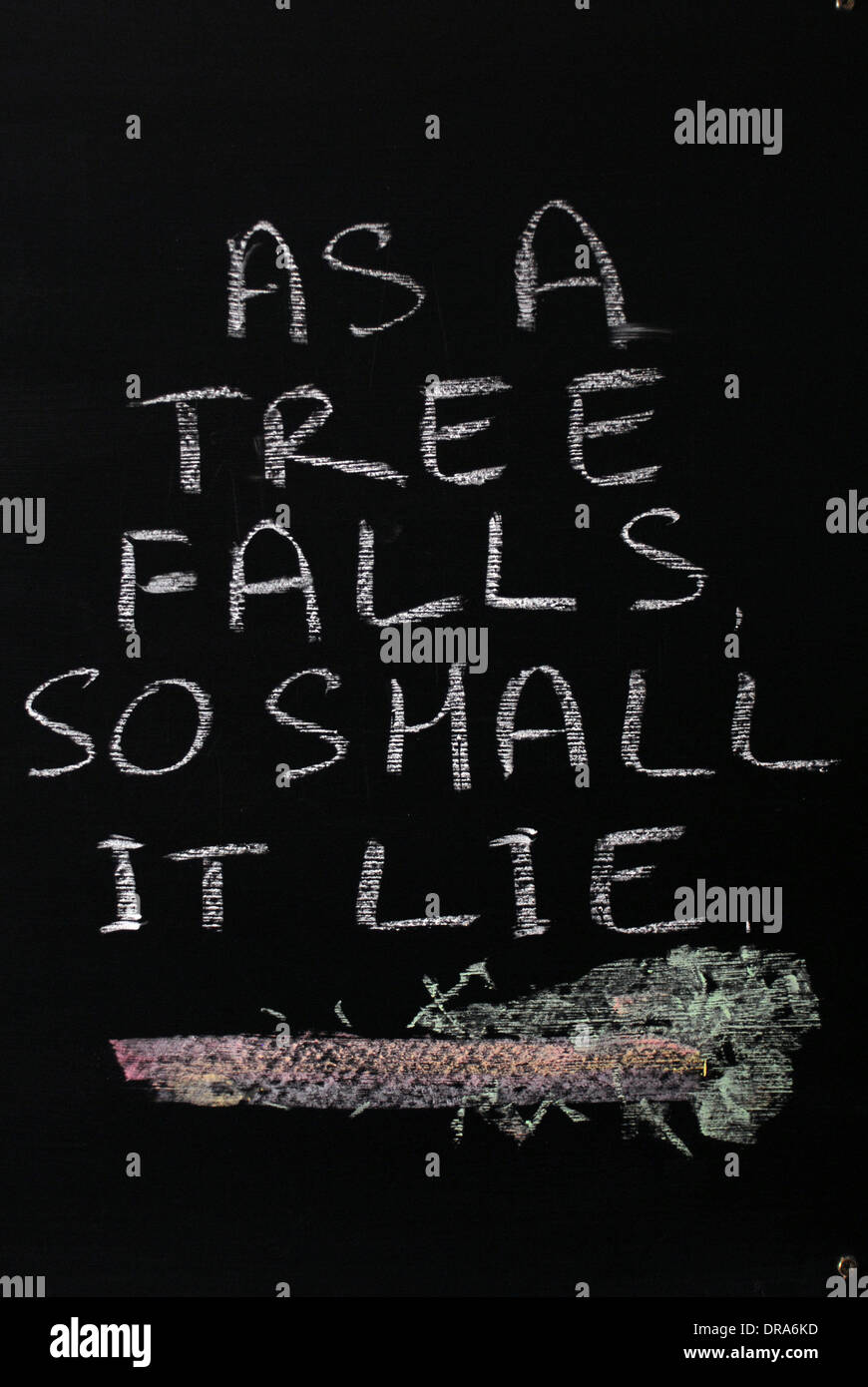 Chalk iscritto - come cade un albero, così dovrà giacere.- parole scritte sulla lavagna. Foto Stock