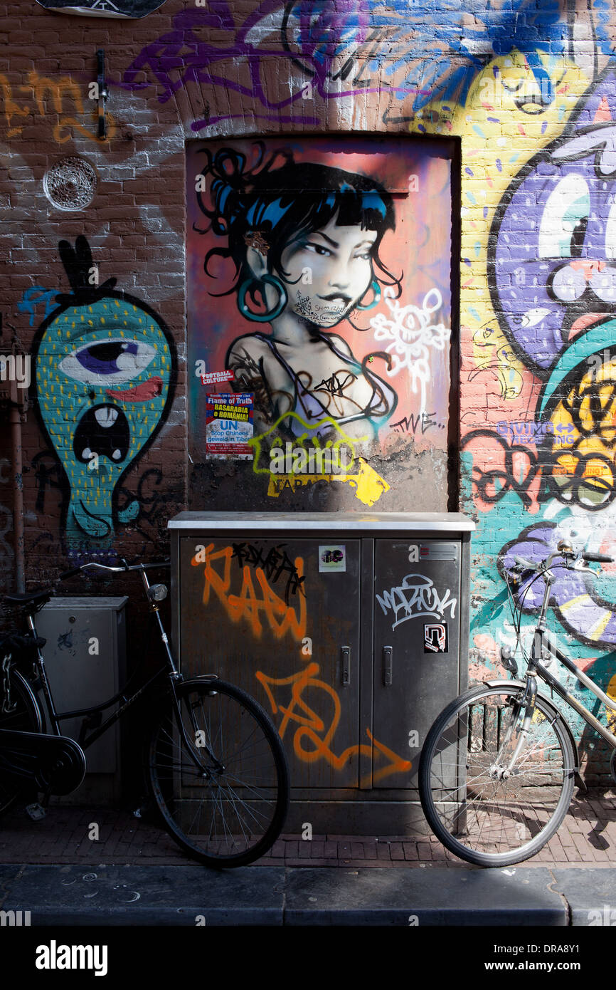 Graffiti in vicolo laterale del quartiere a luci rosse di Amsterdam, Olanda, Paesi Bassi Foto Stock