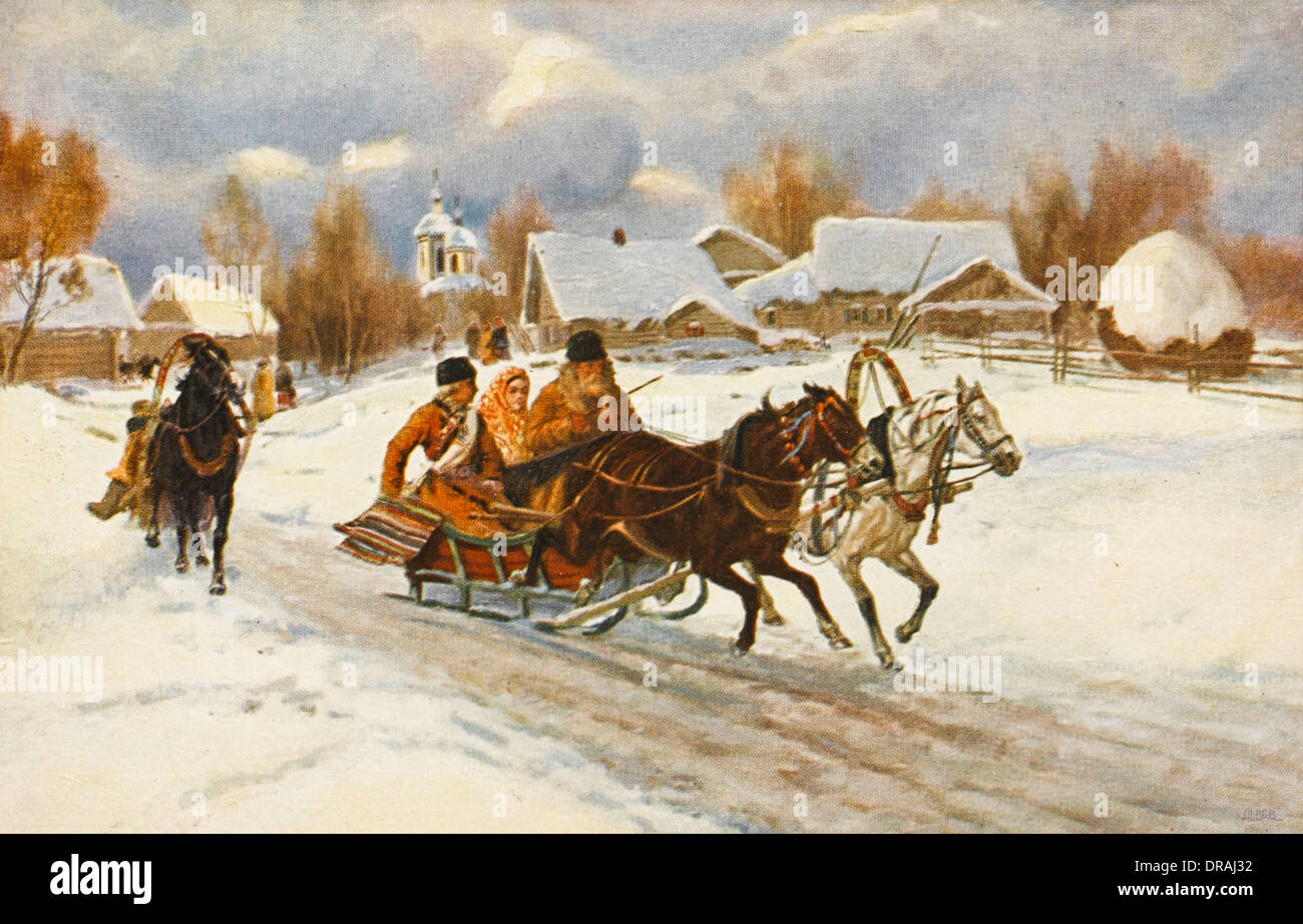 Con slitte e cavalli in Russia Foto Stock