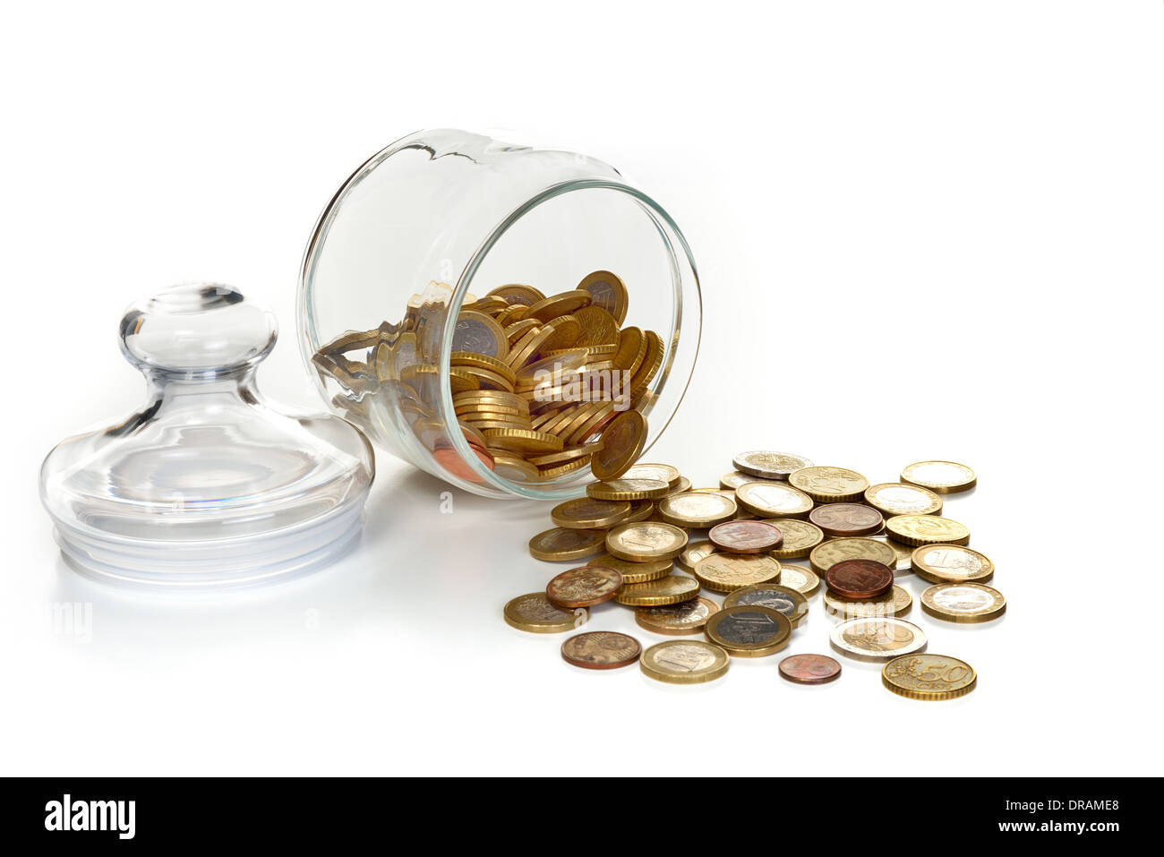 Contenitore di vetro con monete, figurativa di risparmio previdenziale Foto Stock
