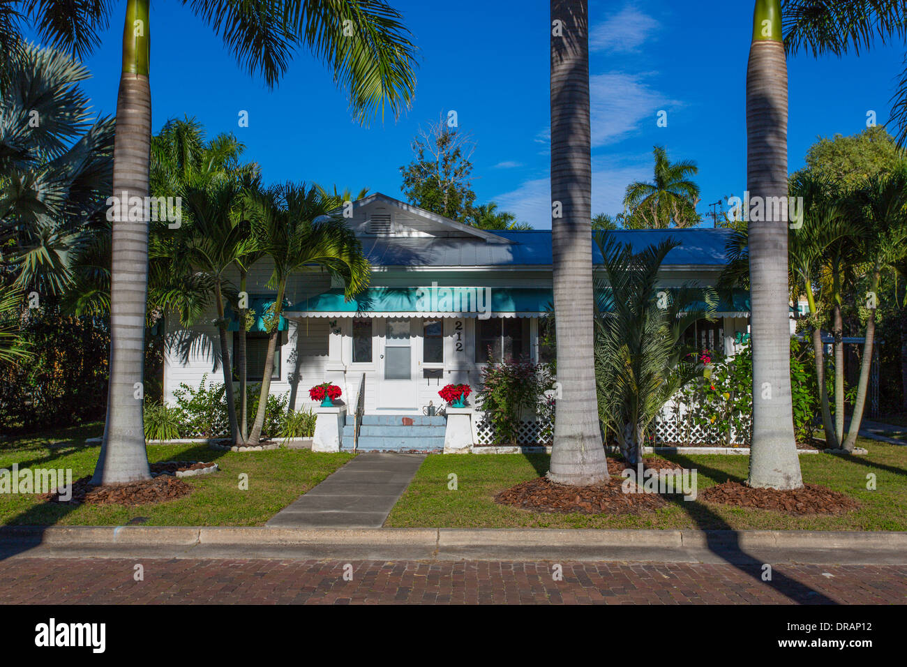 American artigiano bungalow casa tra alberi di palma tropicali in Punta Gorda Florida Foto Stock
