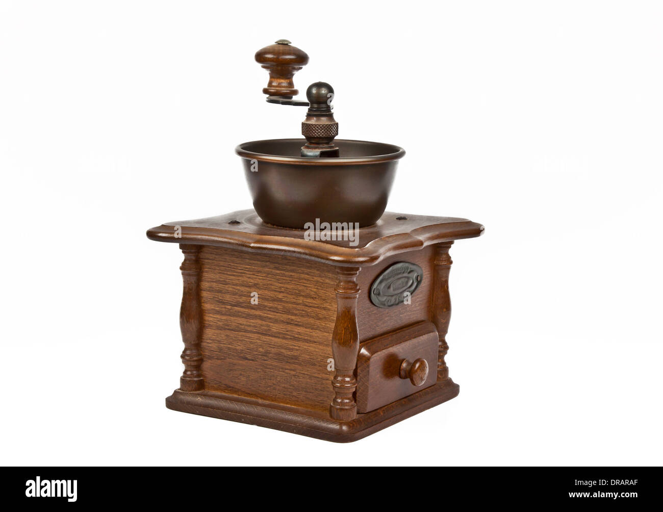 In legno macchina per caffè isolato su sfondo bianco Foto Stock