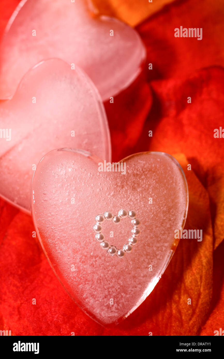 Forma di cuore incorporato in un cuore di ghiaccio artificiale su petali di rosa Foto Stock