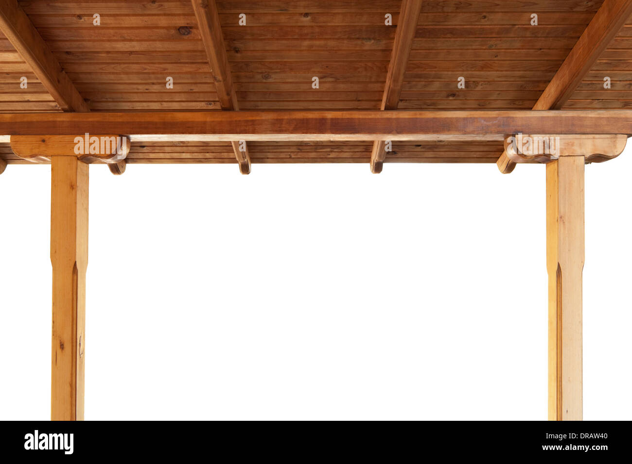 Veranda in Legno tetto vista dall'interno isolato su sfondo bianco Foto Stock