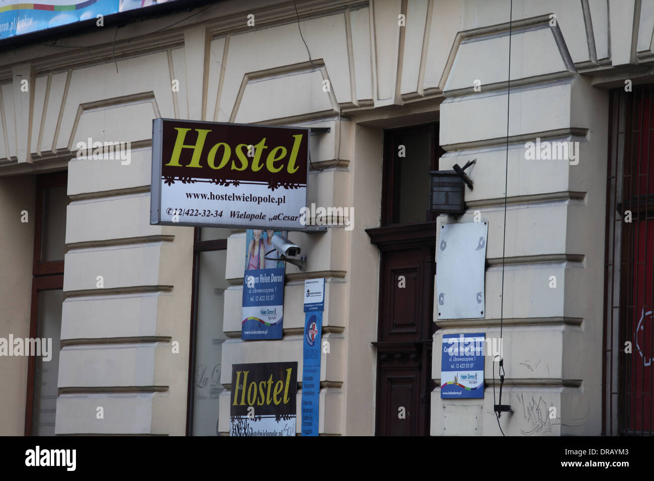 Hostel segno nella città polacca di Cracovia Foto Stock