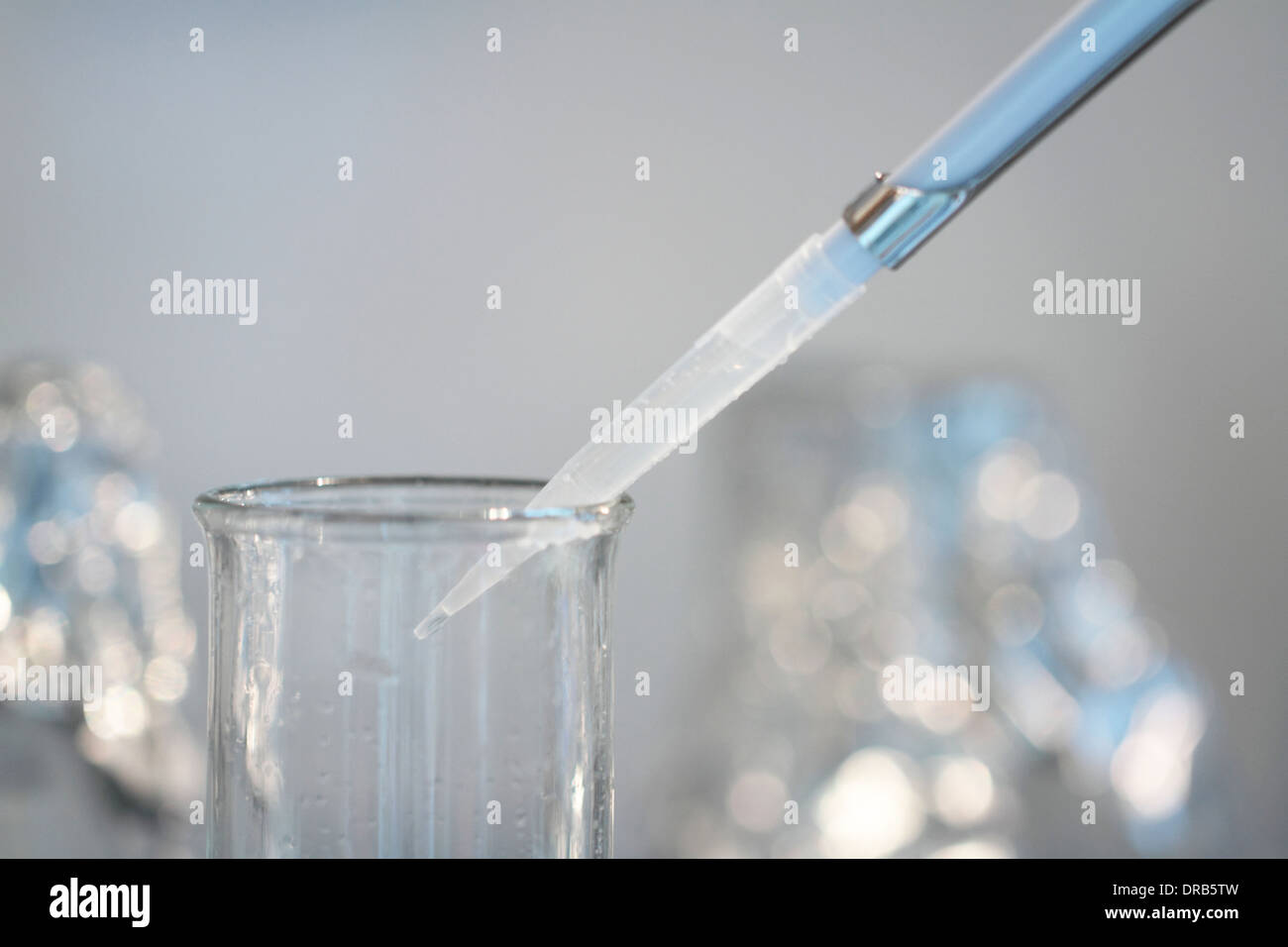 Una punta di una pipetta che cadono in un tubo di vetro in un banco sterile Foto Stock