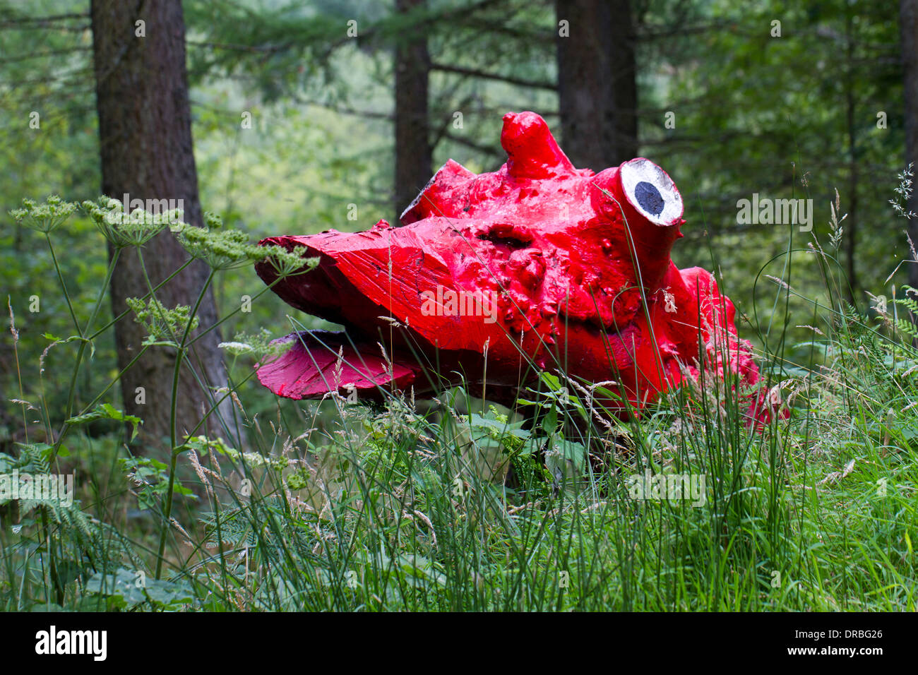 Scultura - testa di un drago gallese scultura in bosco. Powys, Galles. Foto Stock