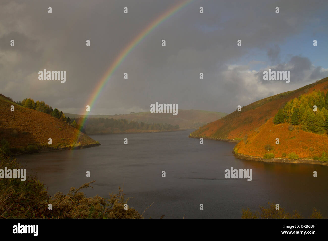 Rainbow su Llyn Clywedog serbatoio. Powys, Galles. Ottobre. Foto Stock