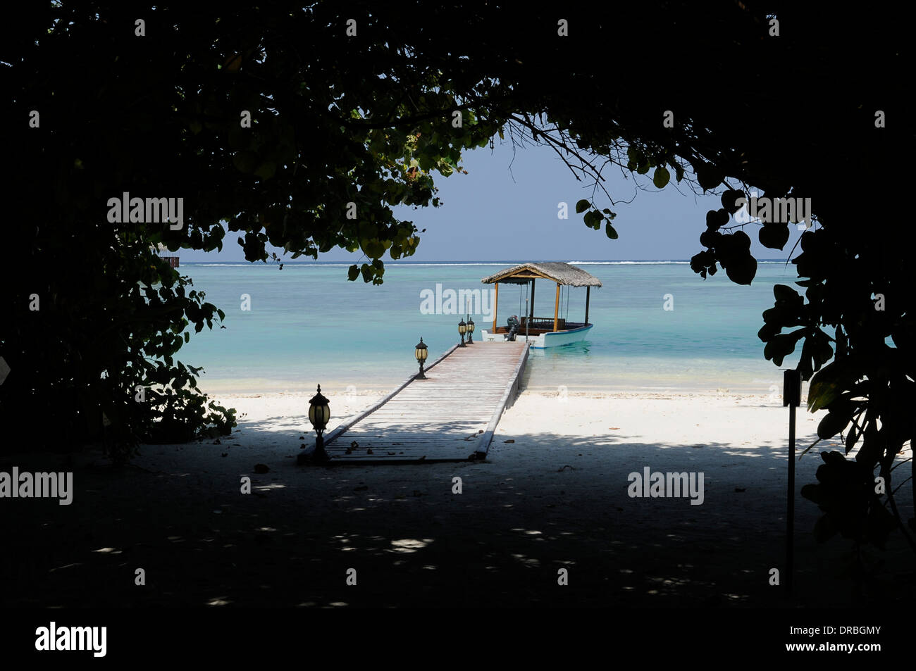 Jetty e barca, Maldive, Oceano Indiano Foto Stock