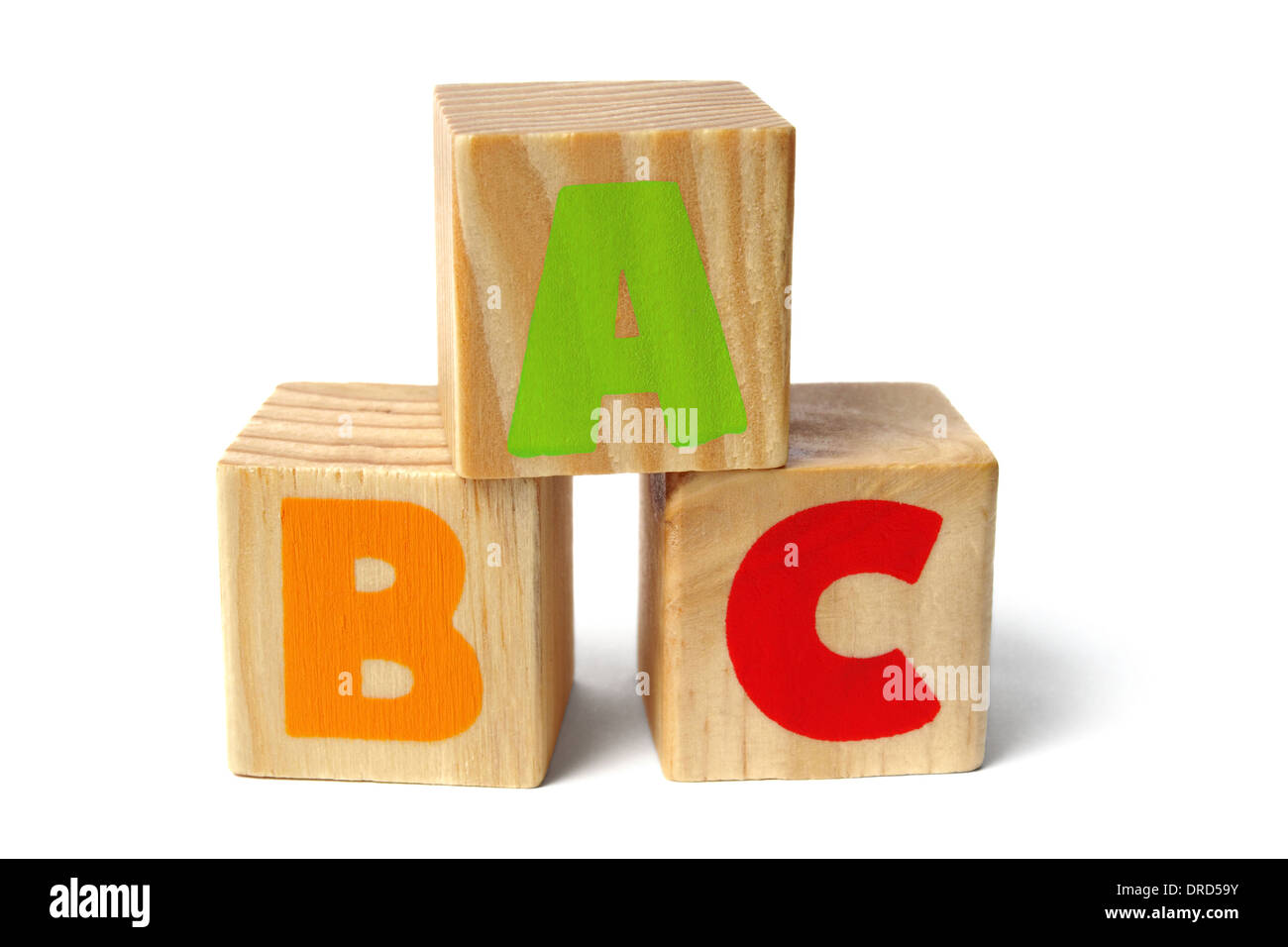 Giocattolo tre blocchi di legno con lettere ABC su di essi Foto Stock