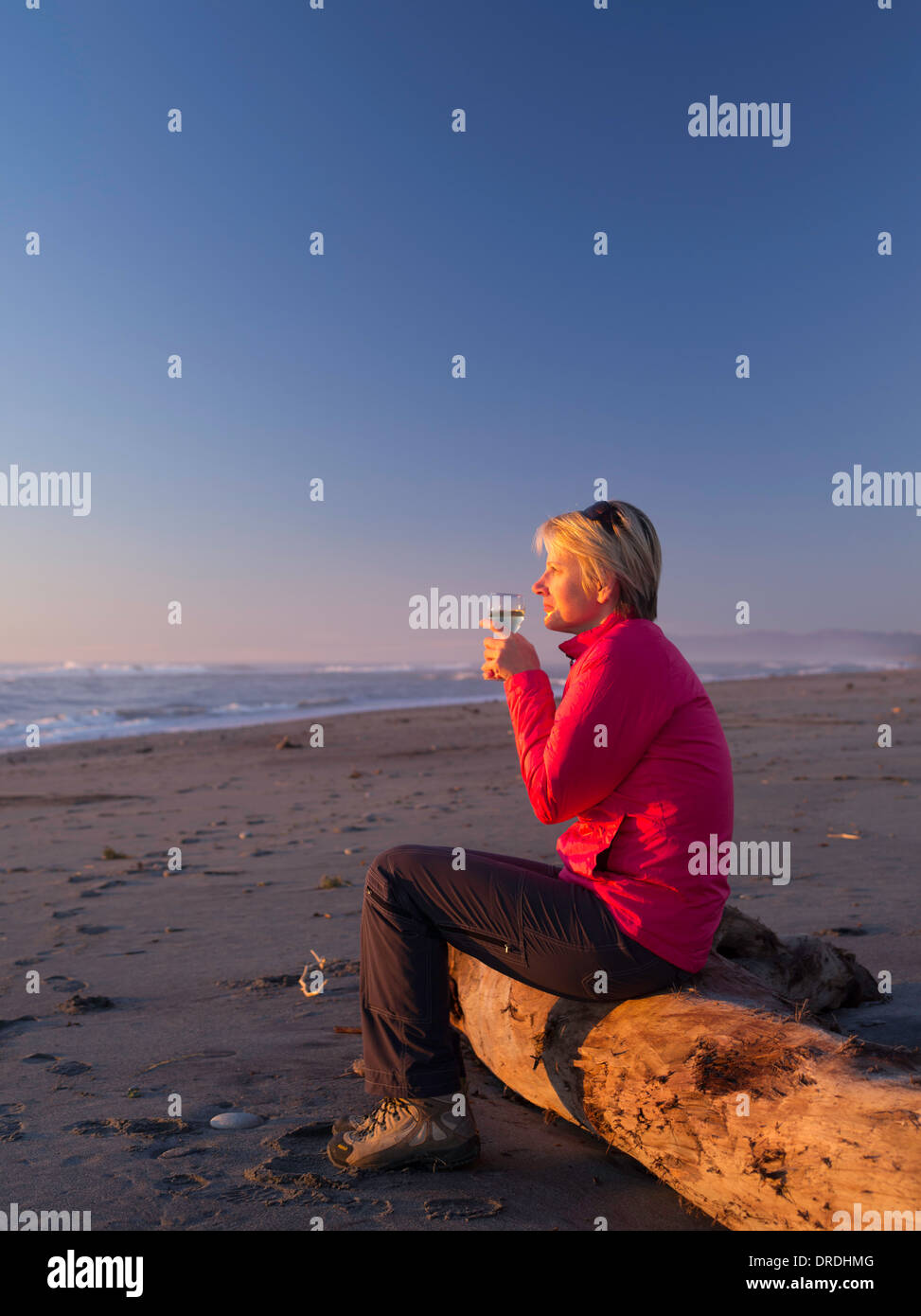 Una di mezza età, donna bionda gode il suo bicchiere di vino bianco mentre è seduto su un registro di deriva in spiaggia, Hokitika, Nuova Zelanda. Foto Stock
