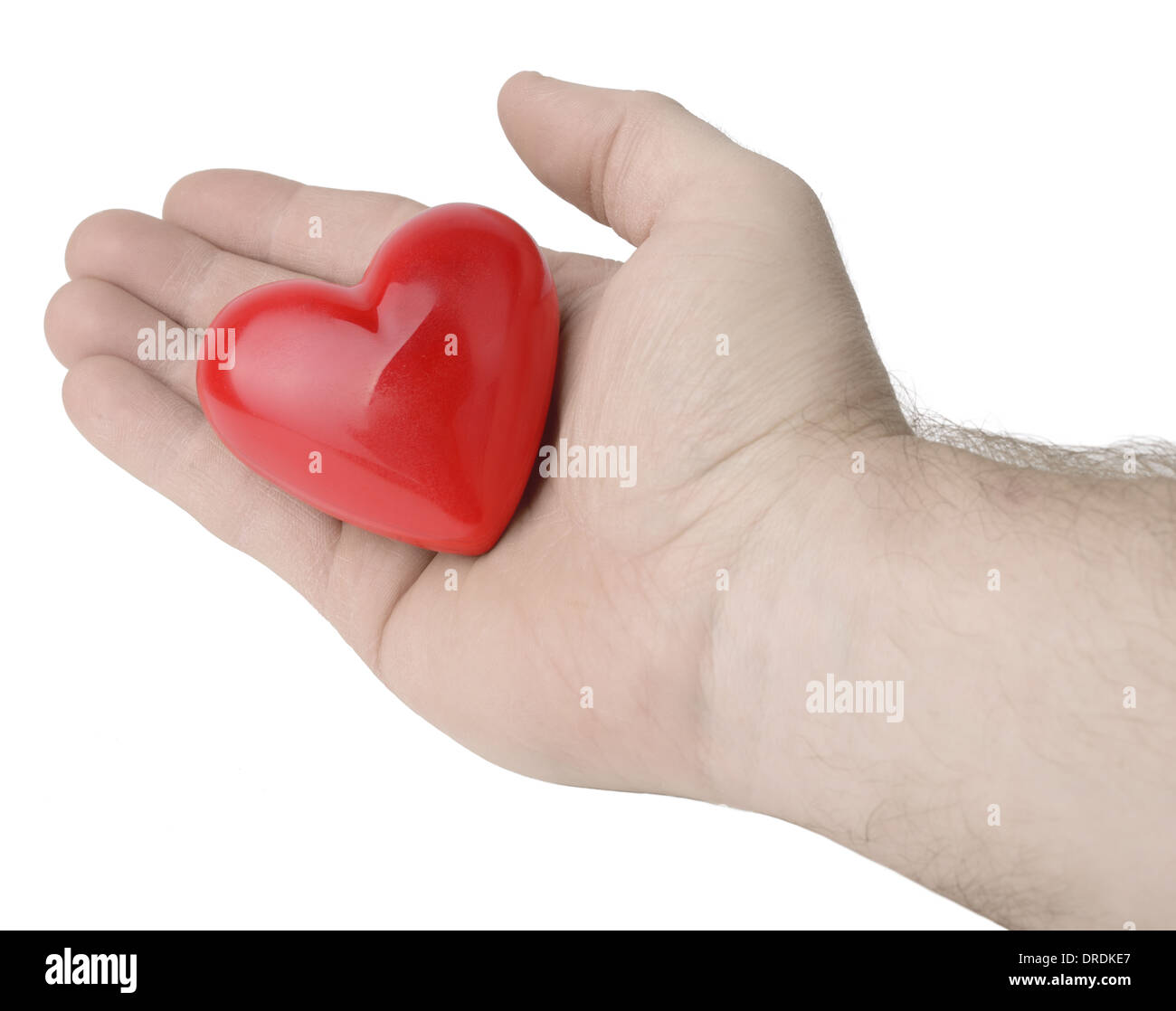 Una mano dando un cuore dalla fotocamera della prospettiva isolato su uno sfondo bianco Foto Stock