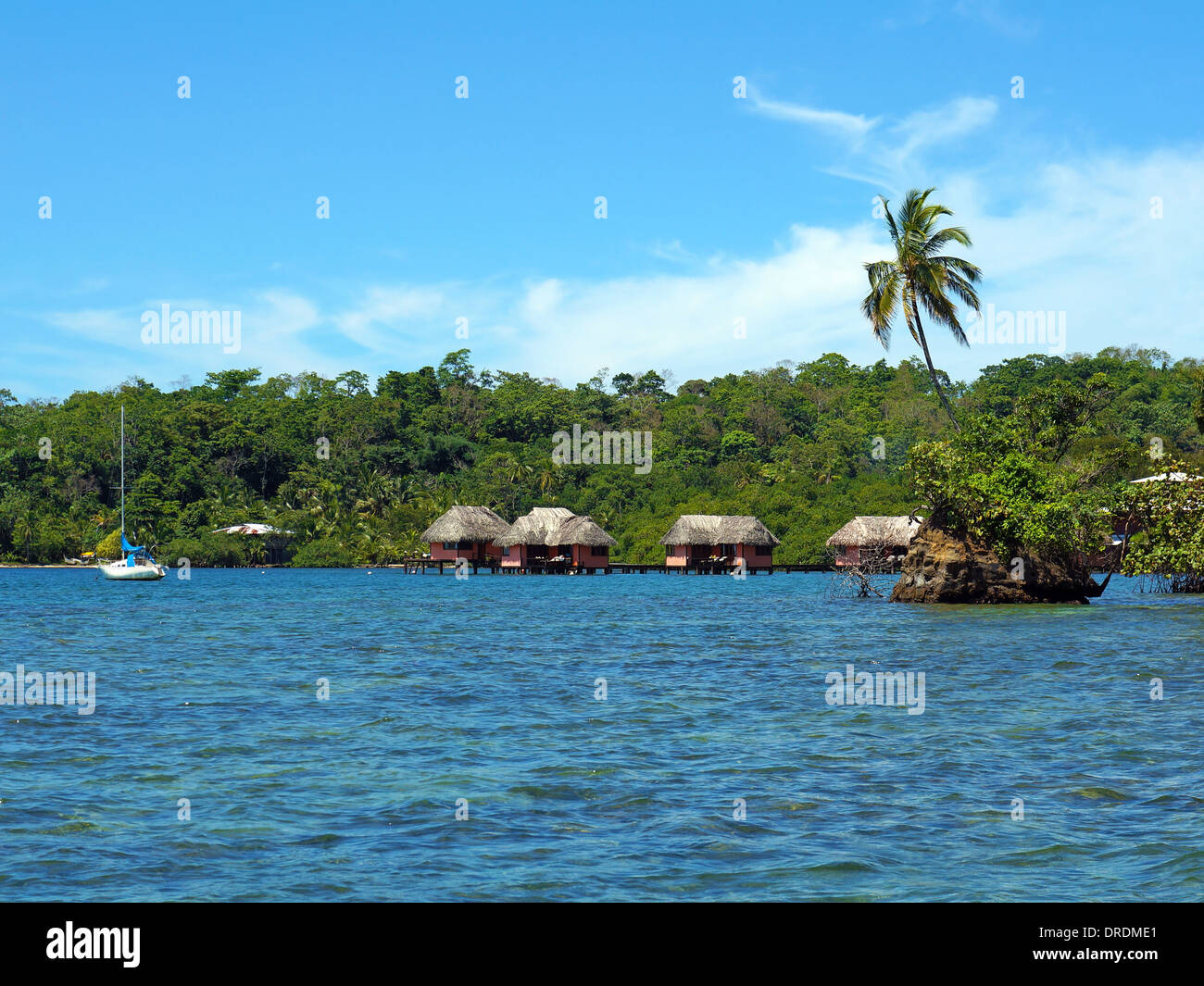 Isolotto con albero di cocco e in background cabine con tetto in paglia sopra l'acqua, il mare dei Caraibi, Bocas del Toro, Panama Foto Stock