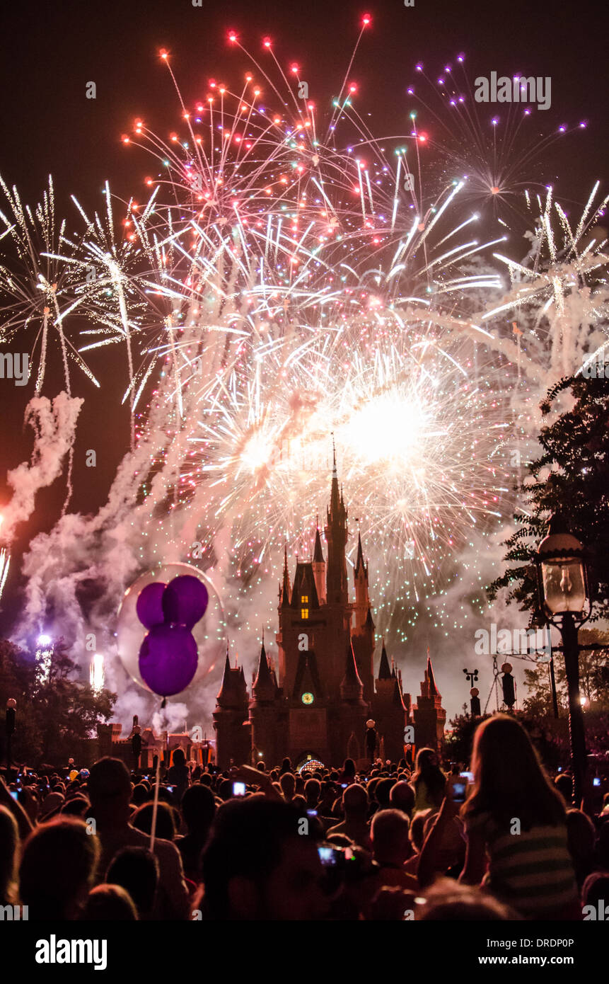 I fuochi d'artificio sopra il castello al Magic Kingdom di Walt Disney World, a Orlando, Florida Foto Stock