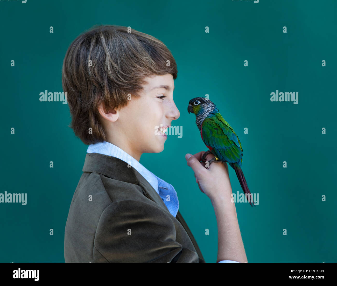 Ragazzo con pet parrot Foto Stock