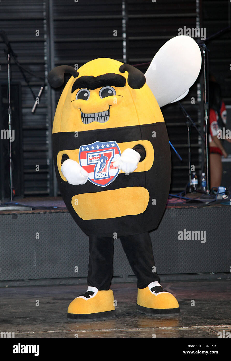 Las Vegas, Nevada, USA. 23 gen 2014. USA Rugby Sevens mascot Mr Rug-Bee compie durante il 2014 USA Sevens Rugby cerimonia di apertura e sfilata delle nazioni su gennaio 23, 2014 al Fremont Street Experience in Las Vegas, Nevada. Credito: Marcel Thomas/ZUMAPRESS.com/Alamy Live News Foto Stock