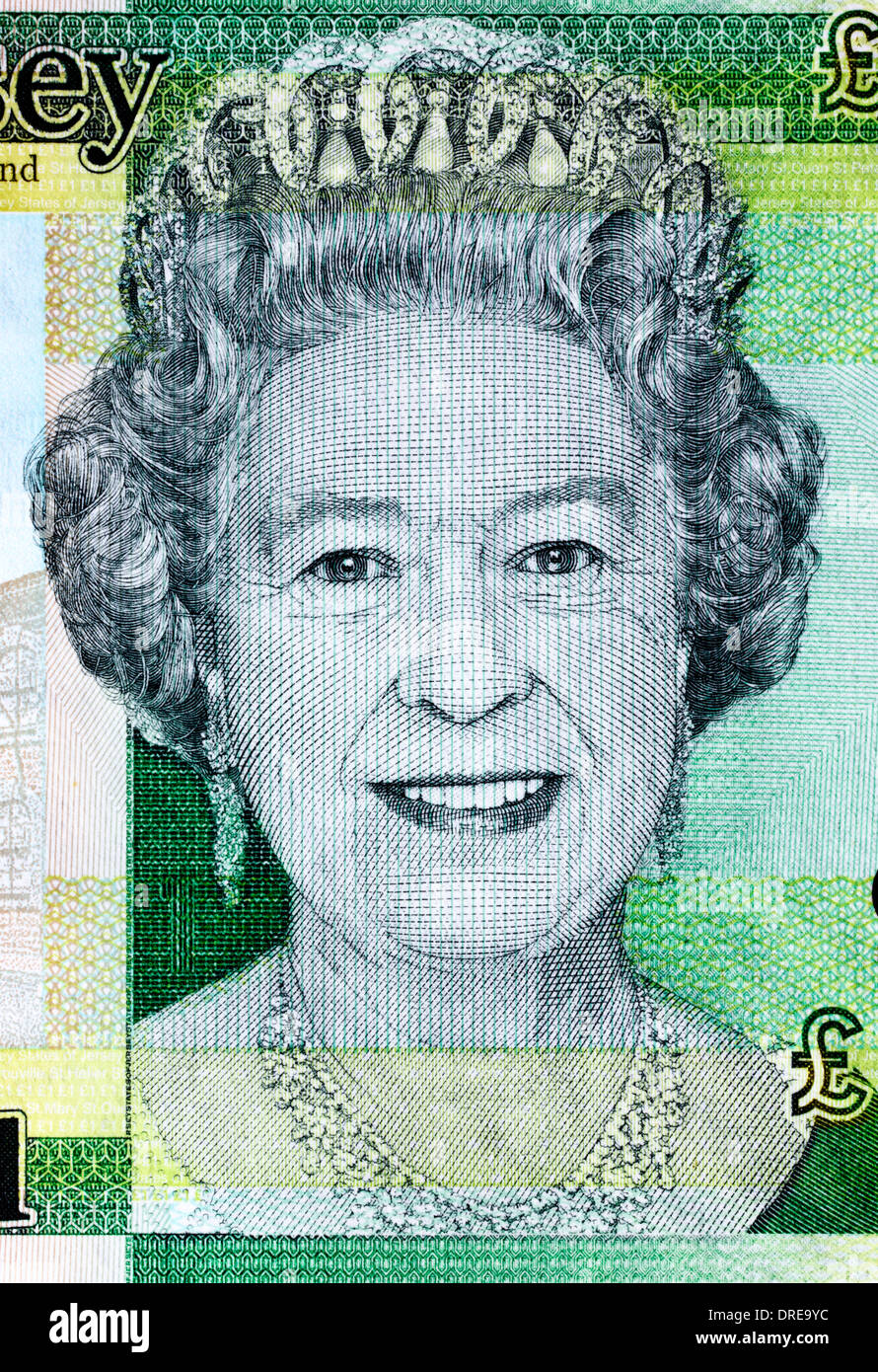 Ritratto della regina Elizabeth II da1 Pound banconota, Jersey, 2010 Foto Stock