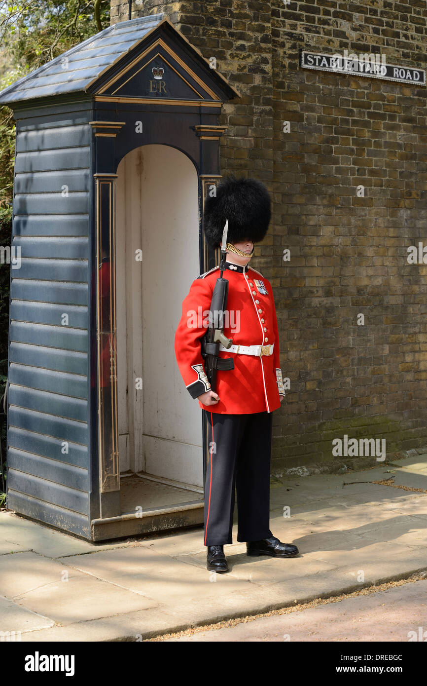 Queens Guard di sentinella sul cantiere stabile la strada di ingresso al Clarence House, Londra, Inghilterra, Regno Unito. Foto Stock