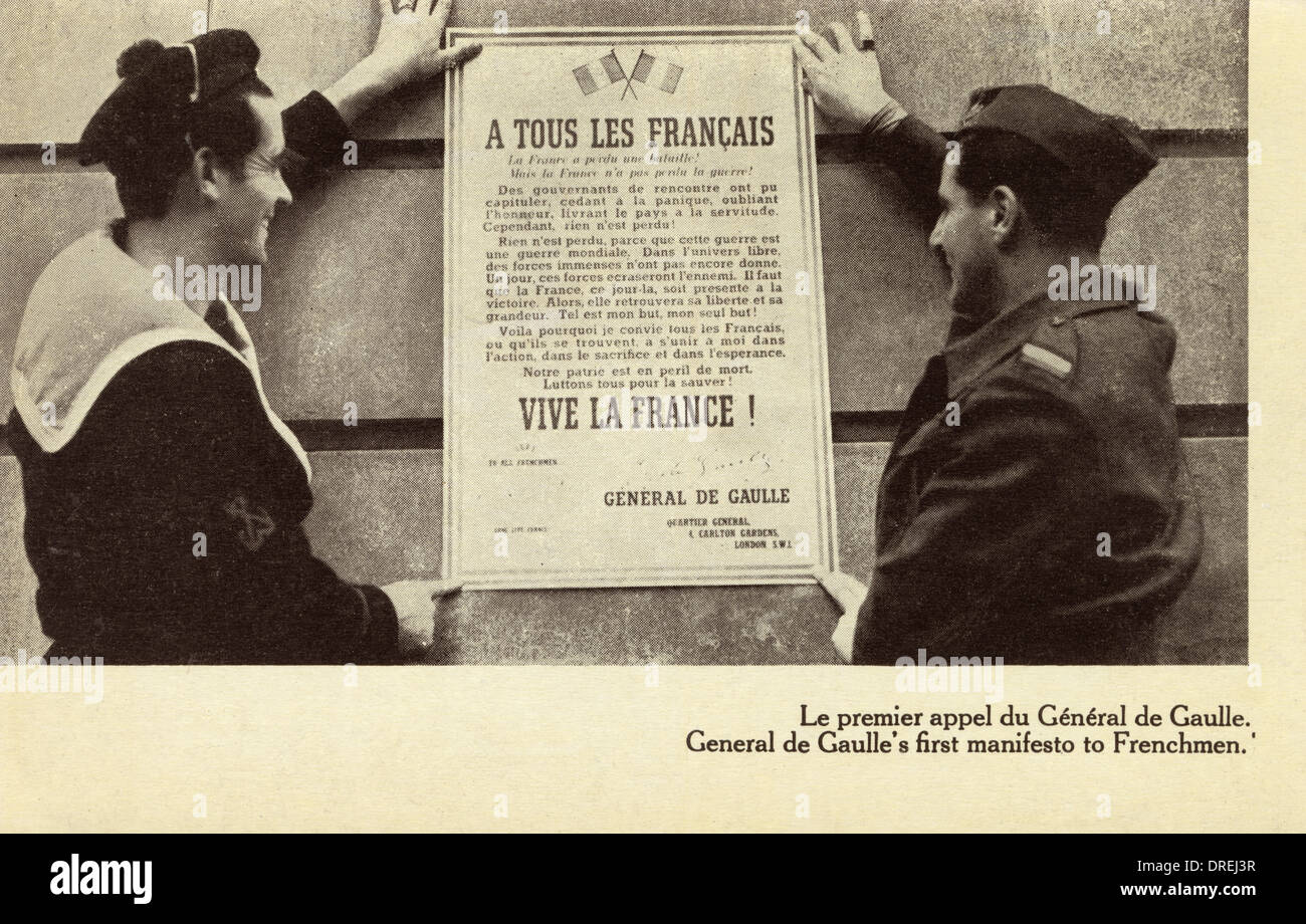 Il generale de Gaulle il primo manifesto ai francesi Foto Stock