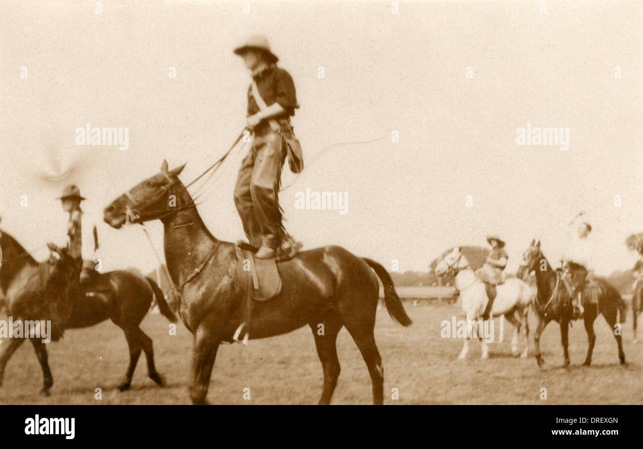 Cowboy a cavallo di un cavallo, in piedi sulla sua schiena Foto Stock