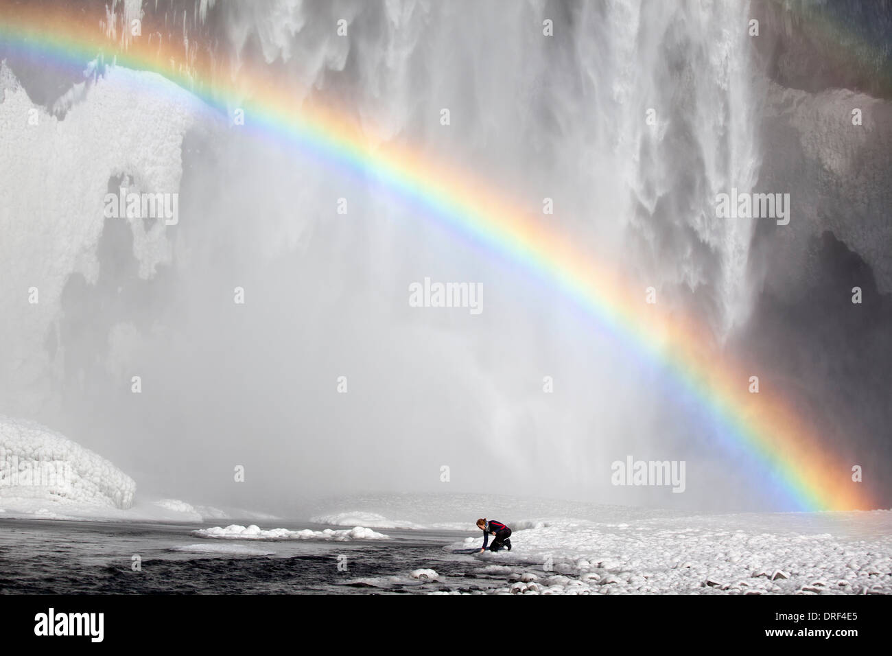 Rainbow a cascata Skogafoss, Islanda, regione polare Foto Stock