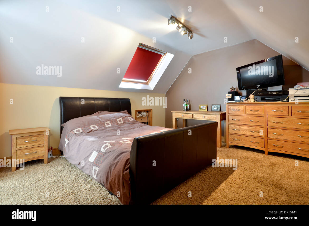 Camera da letto mansarda con lucernario Foto Stock