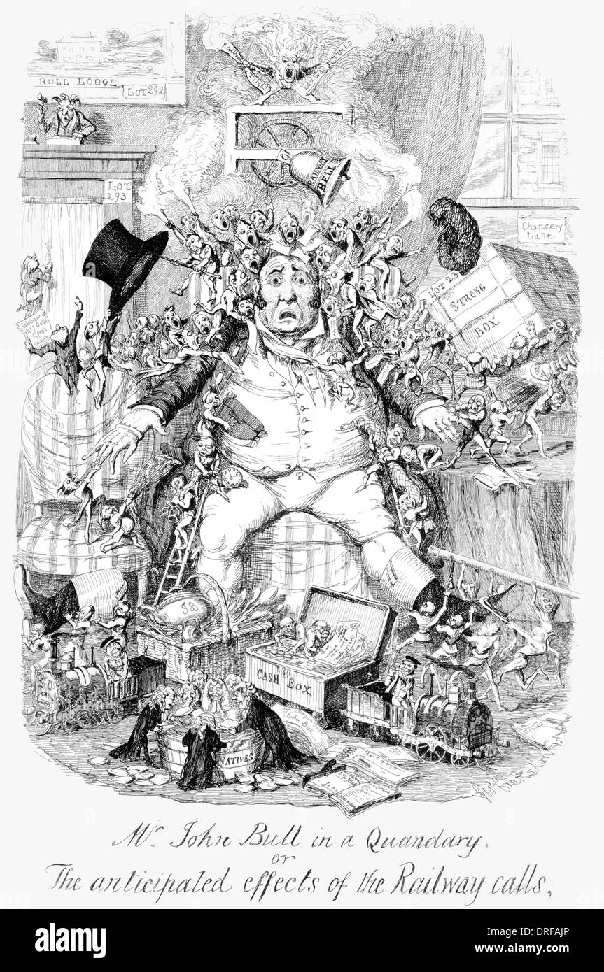 George Cruikshank signor John Bull in un dilemma. Effetti prevedibili della ferrovia chiamate. Pubblicato per la prima volta 1845 incisione in acciaio Foto Stock