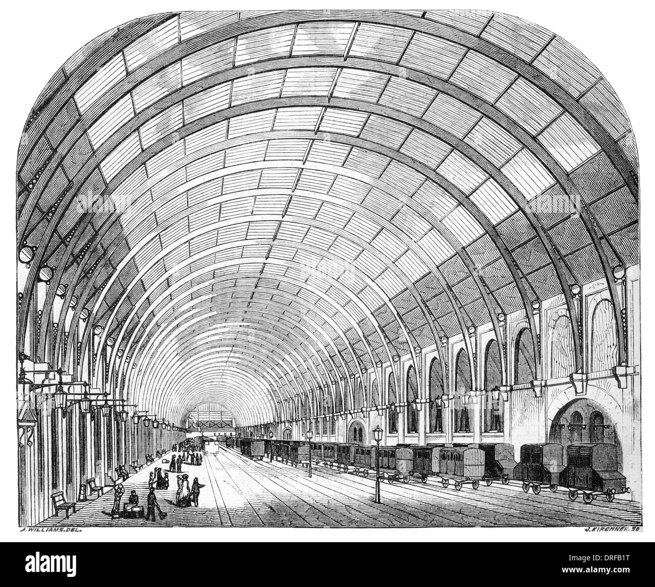 La Great Northern terminus ferroviario, King's Cross. Interno del capannone di partenza 1852 Foto Stock