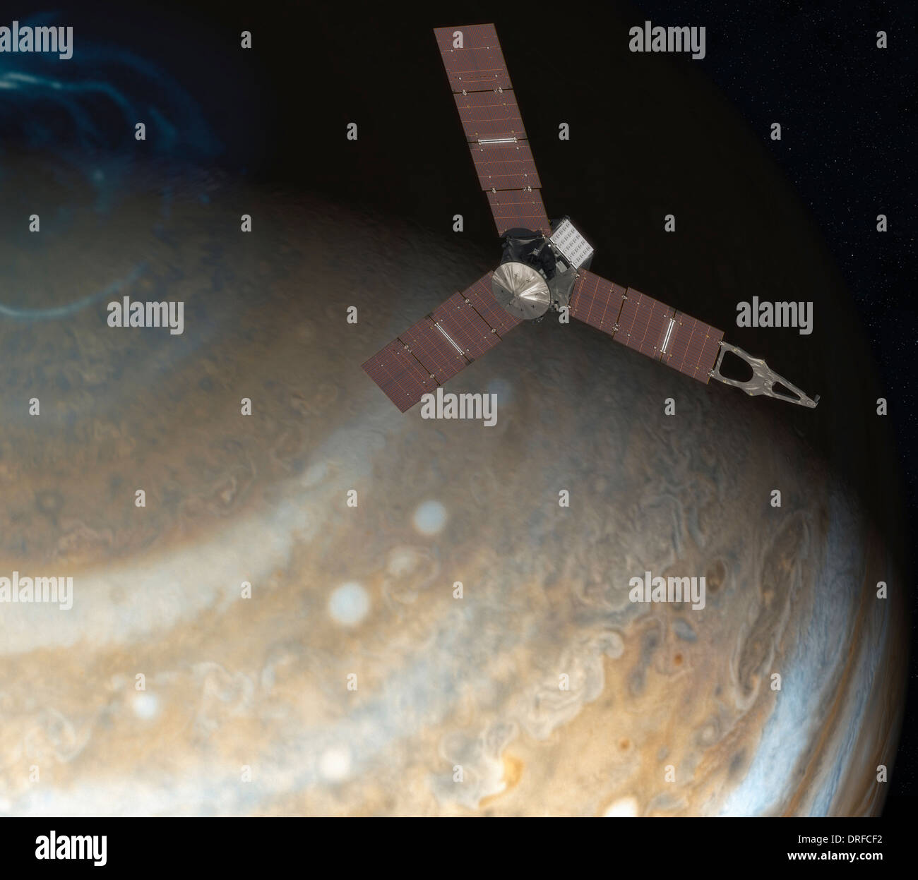 Questo artista della mostra di rendering di NASA Juno navicella spaziale al di sopra del polo nord di Giove. Foto Stock