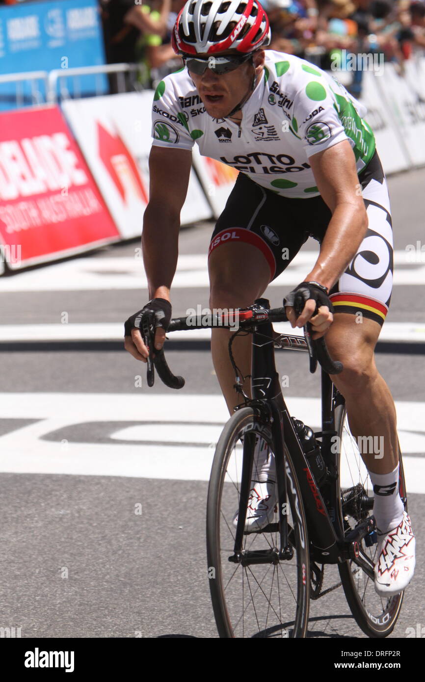 Willunga, Australia. 25 gennaio, 2014. Adam Hansen (Aus) Lotto Belisol trattenuto il Re della montagna jersey dopo la fase 5 del Santos Tour Down Under 2014 dalla McLaren Vale a Willunga. © Azione Sport Plus/Alamy Live News Foto Stock