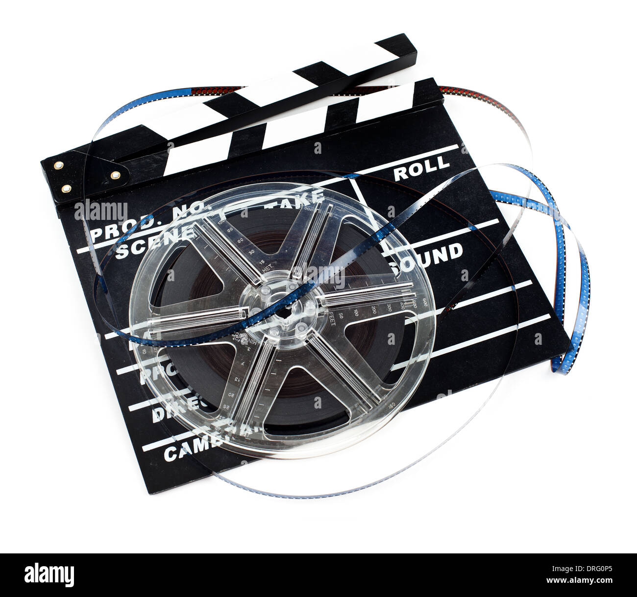 Vintage Super 8 bobina di pellicola con ciak isolato su bianco Foto Stock