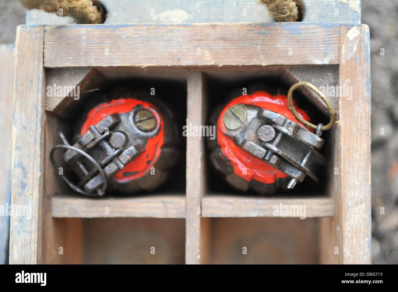 Charlwood, Surrey, Regno Unito. Il 25 gennaio 2014. Mulini di granate a mano. Tutti i kit e le armi sono precisi per il periodo e sono originali o riproduzioni. Credito: Matteo Chattle/Alamy Live News Foto Stock